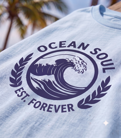 Ocean Soul T-Shirt — Vintage Wave Logo "Ocean Soul Est. Forever"